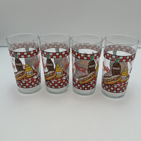 Coca Cola GLASSES 1997 Picnic Bottle and Burger Red Check-set of 4 - Picture 12 of 16